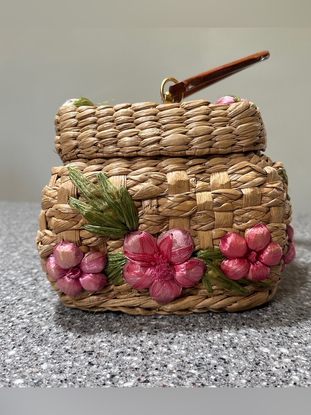 Vintage Woven Straw Basket Box Purse Handbag Wood Handle Raffia Flowers 10x6” - Picture 3 of 10